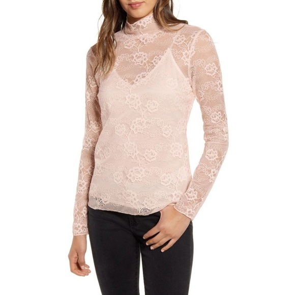 Chelsea28 Tops - Chelsea 28 Sheer Lace Mock Neck Top Long Sleeve Blush Pink Size Small